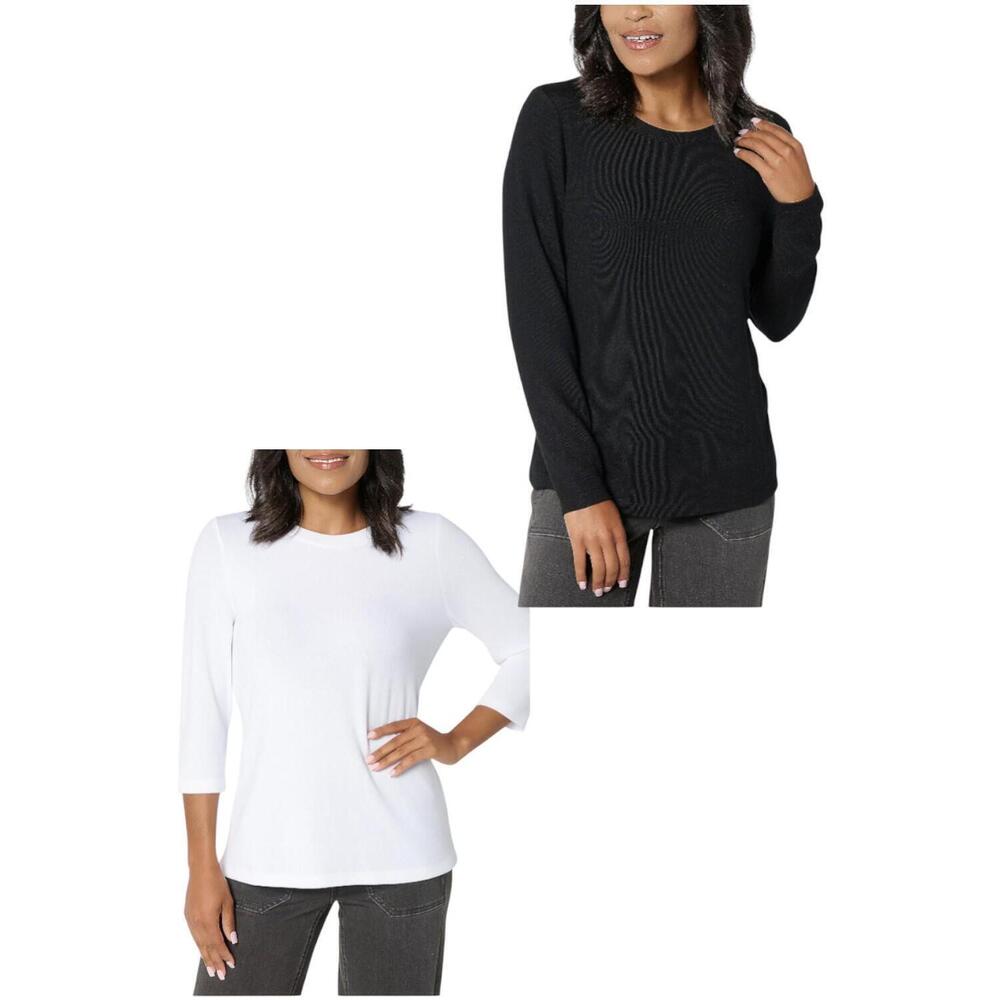 Denim & Co. Women's 2-Pack Jersey Variety RoundNeck Tops Blk/Wht - Regular